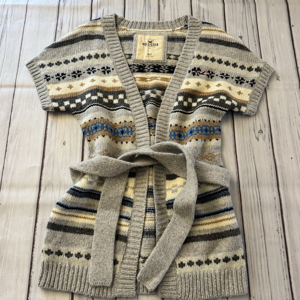 Hollister Long Vest with Belt Wool Blend Southwest Tribal Pattern XS/S Women's